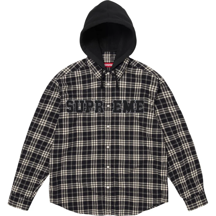 Applique Hooded Flannel Shirt Black Applique Hooded Flannel Shirt Black
