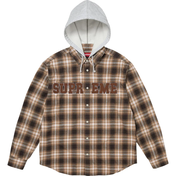 Applique Hooded Flannel Shirt Brown Applique Hooded Flannel Shirt Brown